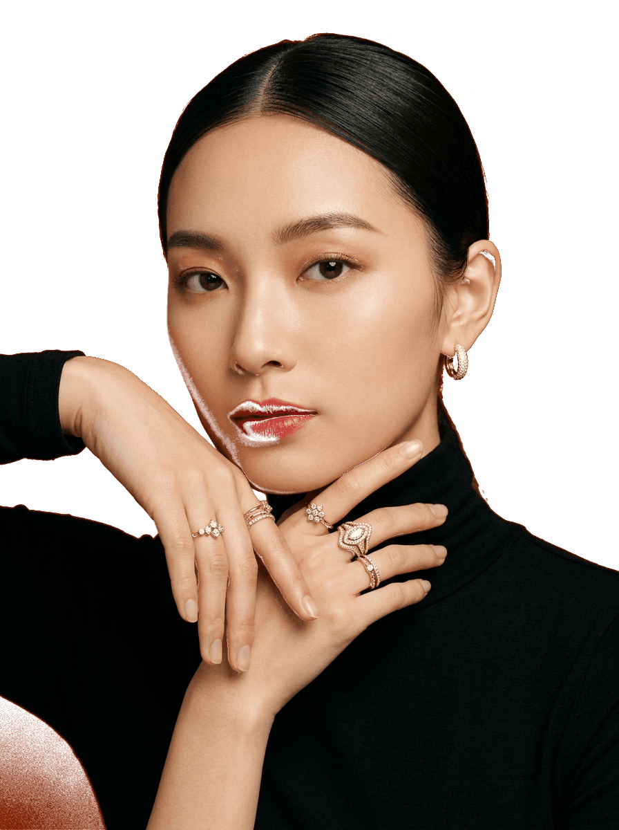 Jewelry by Adamm fine jewelry model with gold and diamond rings
